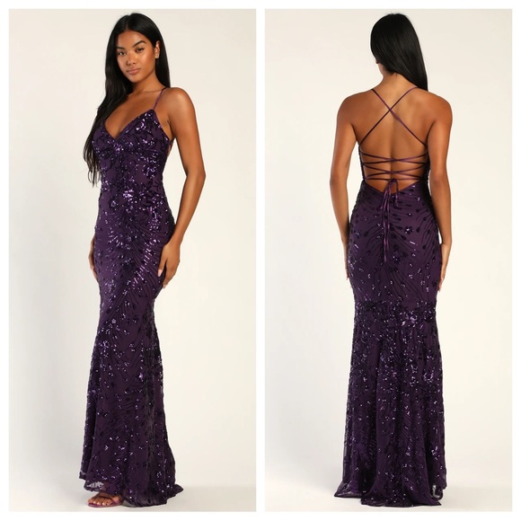 Lulus Photo Finish Purple Sequin Lace-Up Maxi Dress - Picture 11 of 12